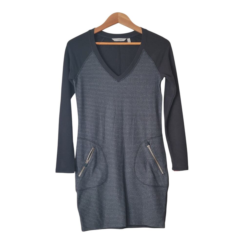 Athleta Gray Striped V-Neck Long Sleeve Sweater Dress Women's‎ XS